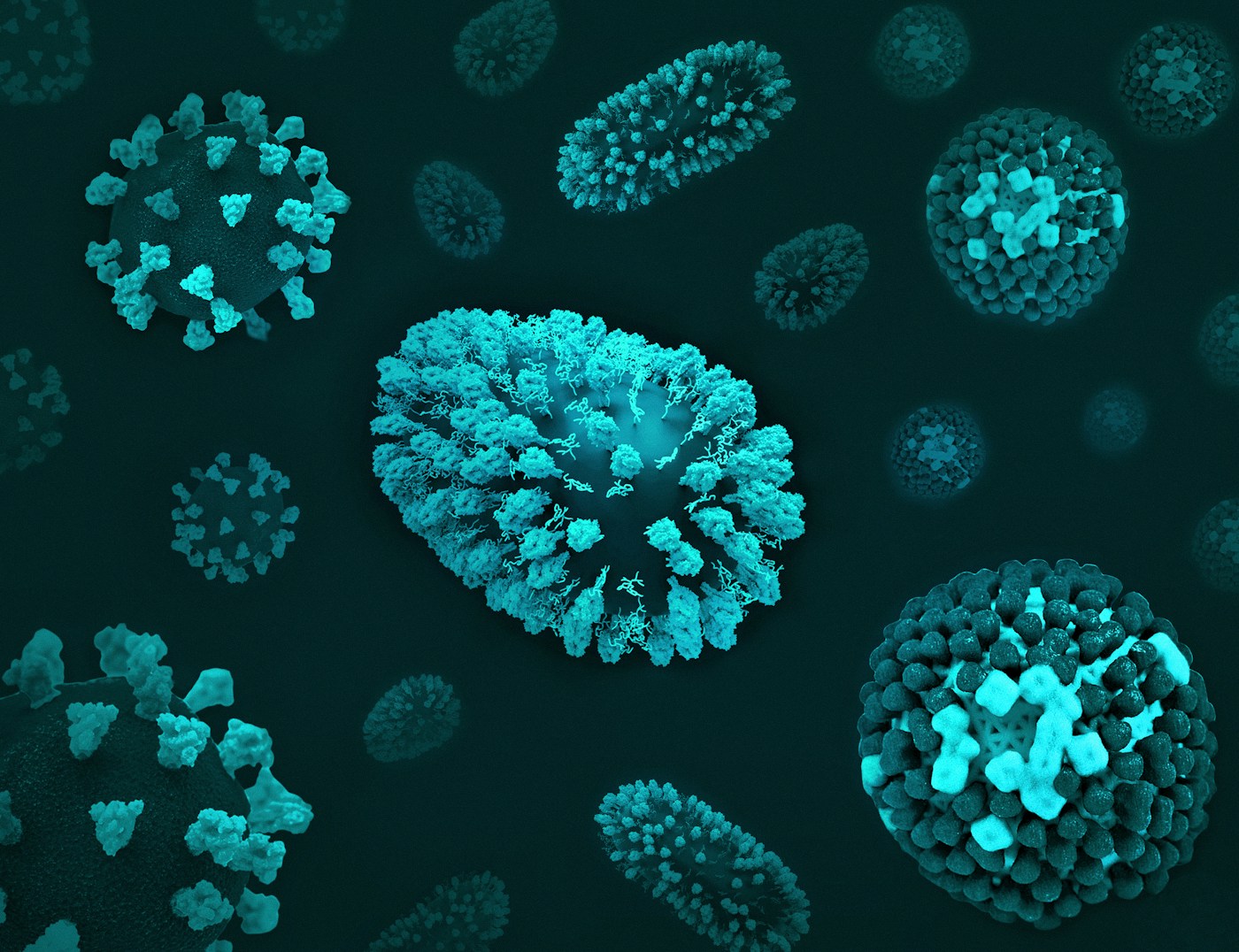 Conceptual three-dimensional microscopic composition with textured cellular forms in deep navy and teal; not patient imagery.