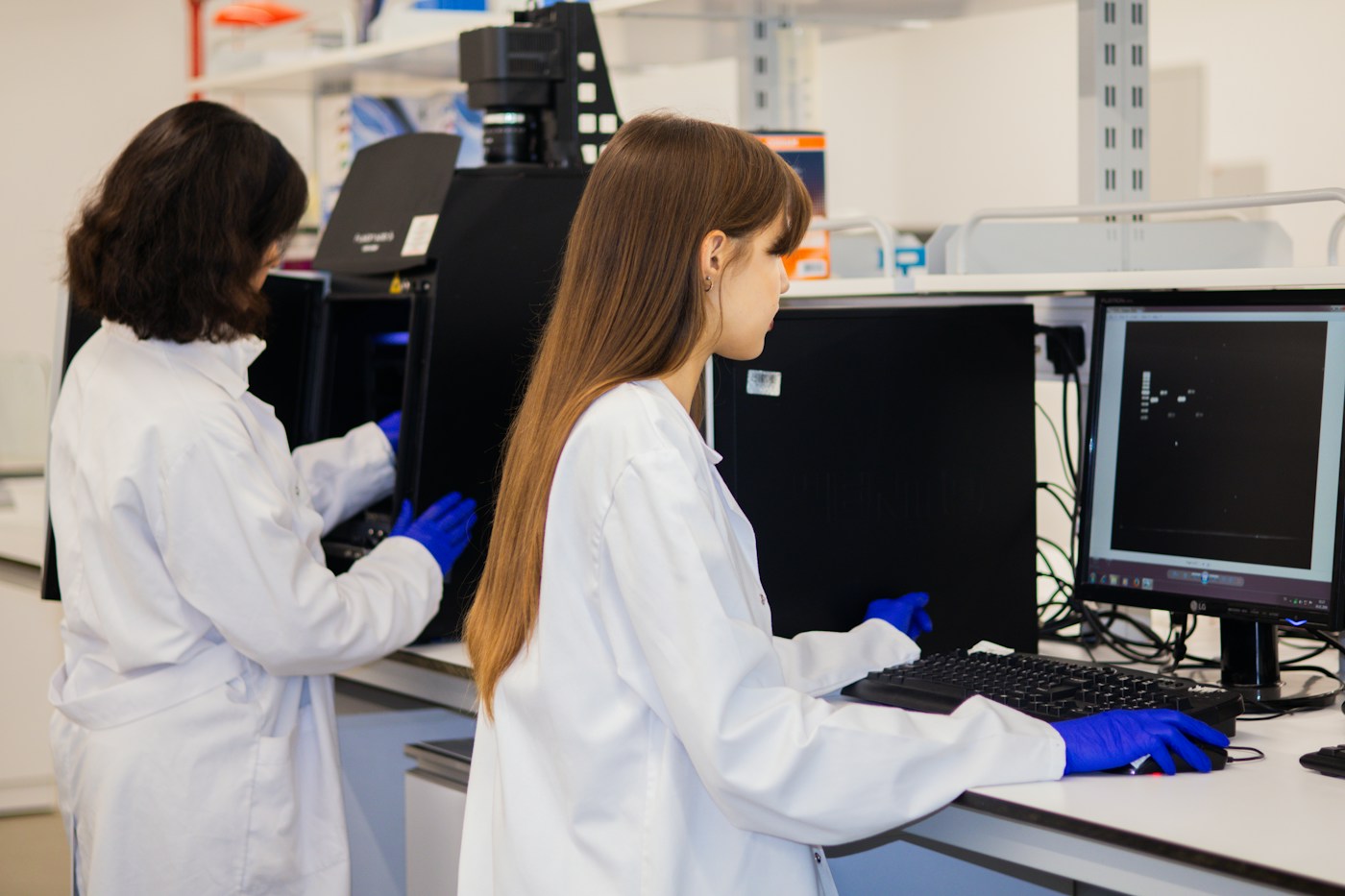Illustrative researchers reviewing scientific information at laboratory workstations, with no personal health records or immune scores presented.